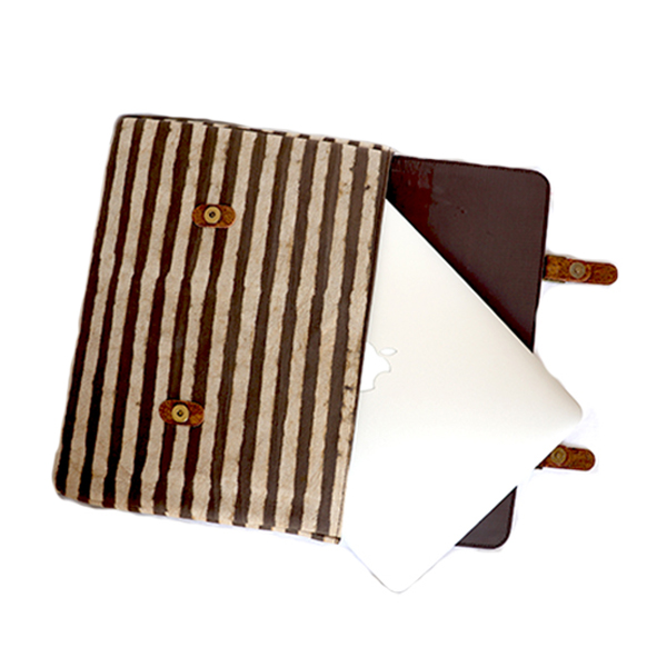 Kirgiti's Vegan Leather and Dabu Print Canvas Big Brown Stripes 'Unisex' Laptop Sleeve - 15" - image 3